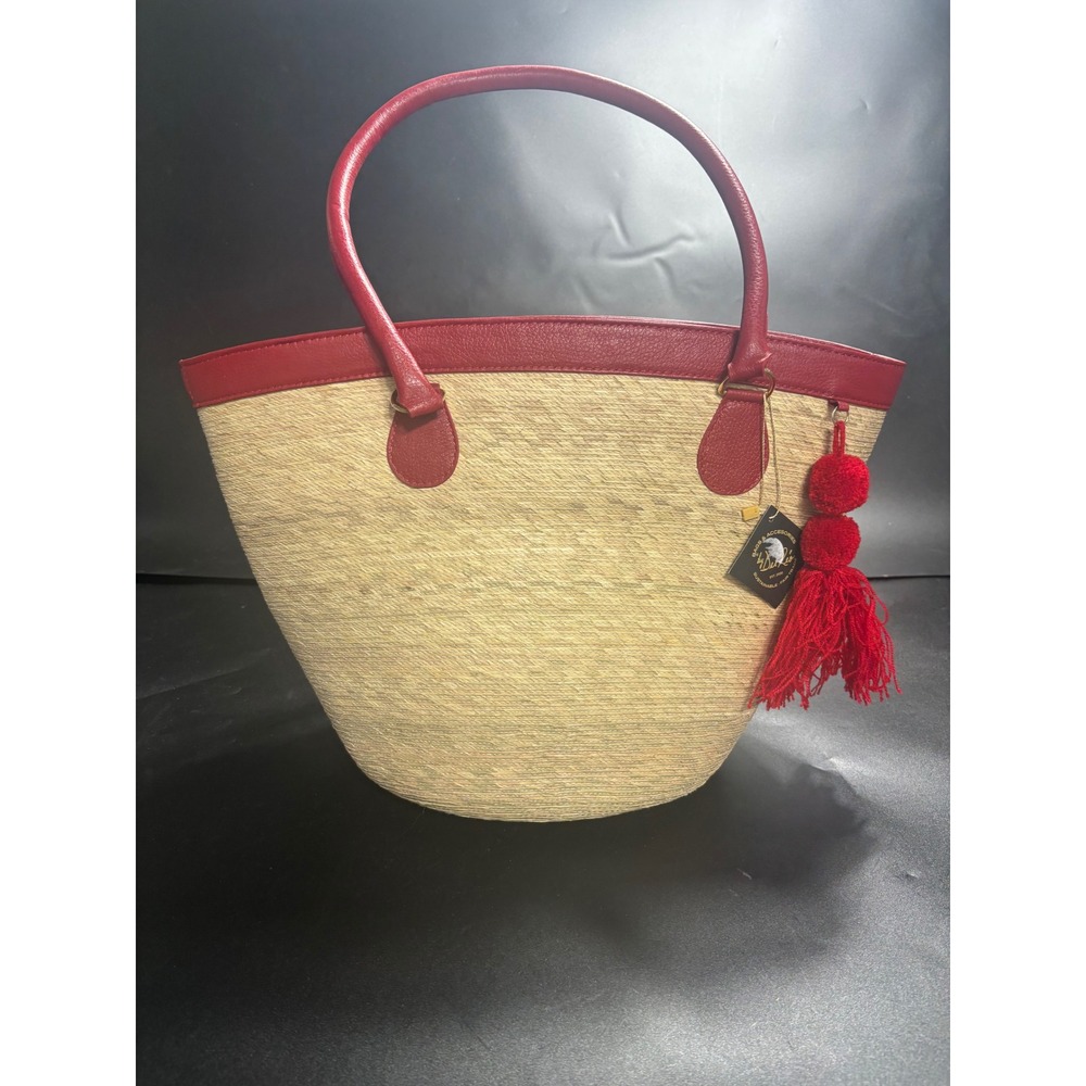 By De Rio Woven Straw Tote Red Leather Trim Tassel Sustainable Bag MSRP $202